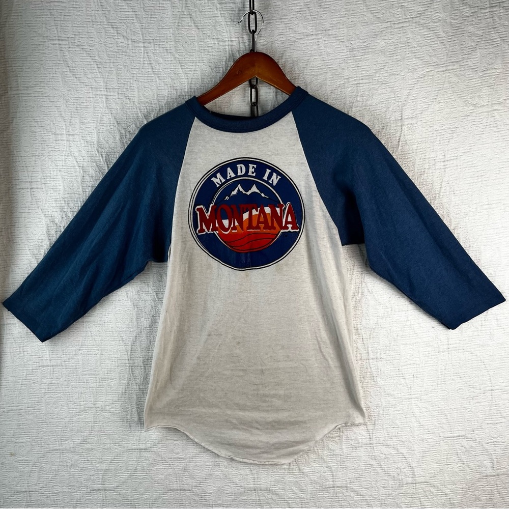 Vintage Made In Montana T Shirt M 38 40 blue white stained and thin Jerzees top